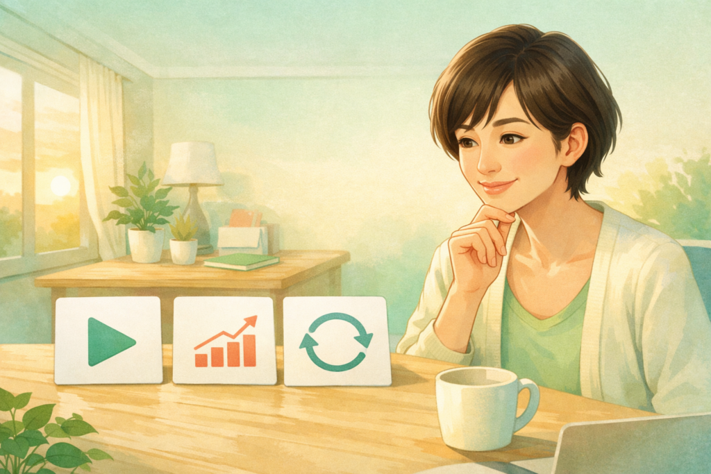 AIの仕事への活用を、試す・測る・直すの3段階で確認するショートカットの女性のイラスト