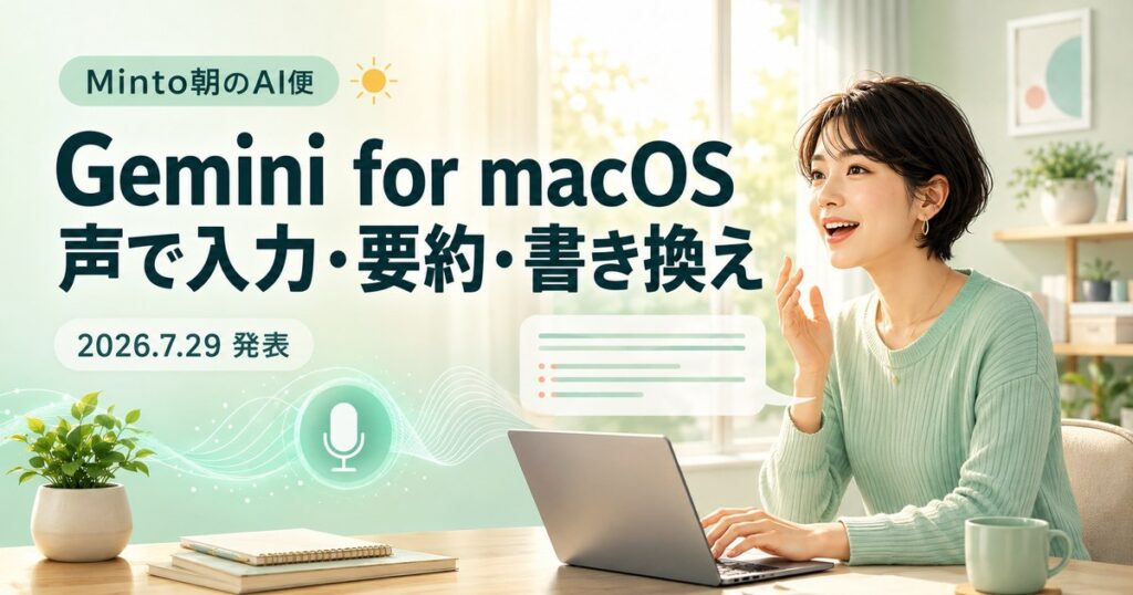 Googleが2026年7月29日に発表したGemini for macOSの音声入力・要約・書き換え機能を紹介するMinto朝のAI便