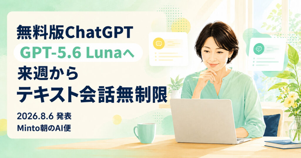 OpenAIが無料版ChatGPTをGPT-5.6 Lunaへ更新し、来週からテキスト会話無制限とThinkボタンを追加する発表を伝えるMintoのイラスト