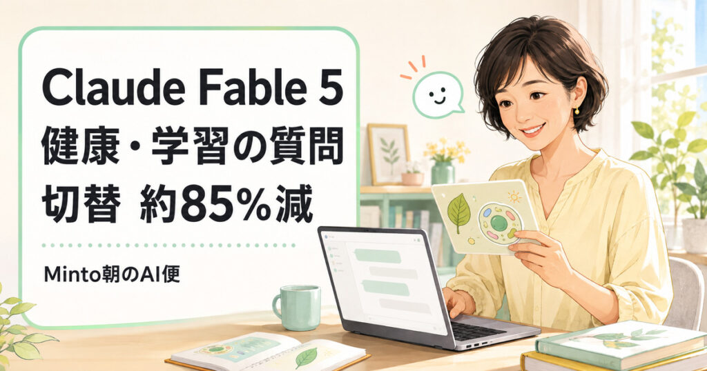AnthropicがClaude Fable 5の生物学保護機能を更新し、健康や学習の質問で別モデルへの切り替えが約85％減ったことを伝えるMintoのイラスト