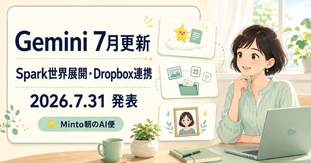 Googleが2026年7月31日に発表したGeminiアプリ7月更新の、Spark世界展開とDropbox連携を伝えるMintoのイラスト