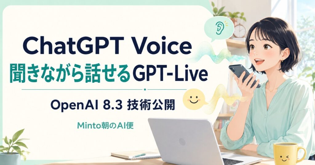 OpenAIが2026年8月3日に技術解説を公開した、聞きながら話せるChatGPT VoiceのGPT-Liveを伝えるMintoのイラスト